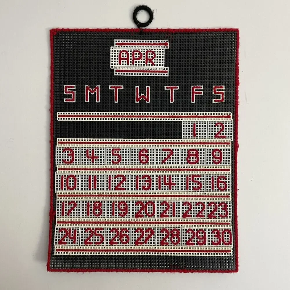 Vintage 70s Needlepoint Perpetual Calendar Red Black Sampler 10.5 X 13.5 - 500
